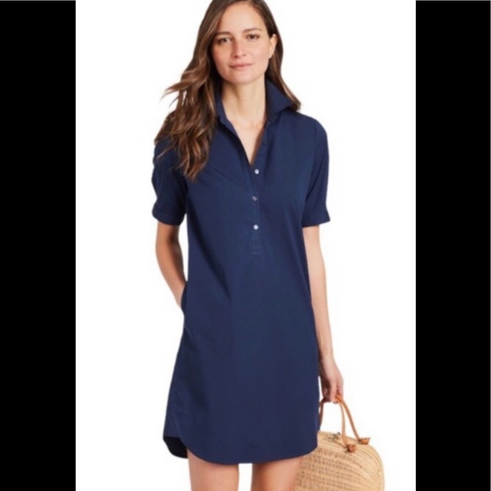 J. McLaughlin Arissa shirt dress in navy solid.  Short sleeve